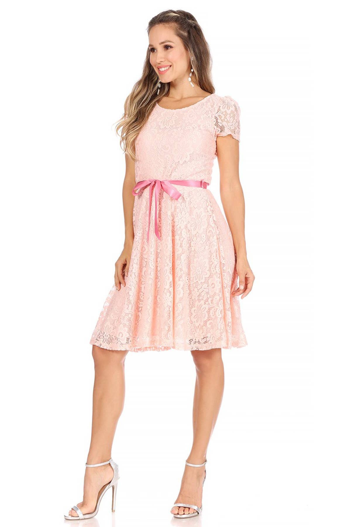 MOA COLLECTION - Women's Lace Short Sleeve A-Line Midi Dress