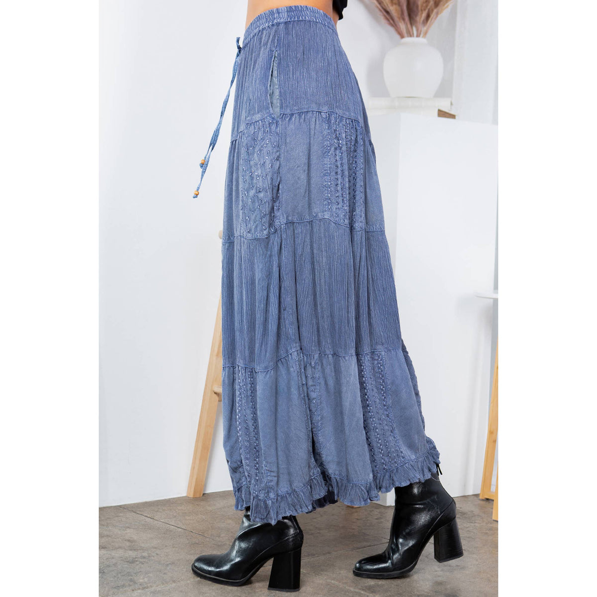 Young Threads - Retro Chic Crinkled Tiered Green Skirt With Mixed Embroidery Patch