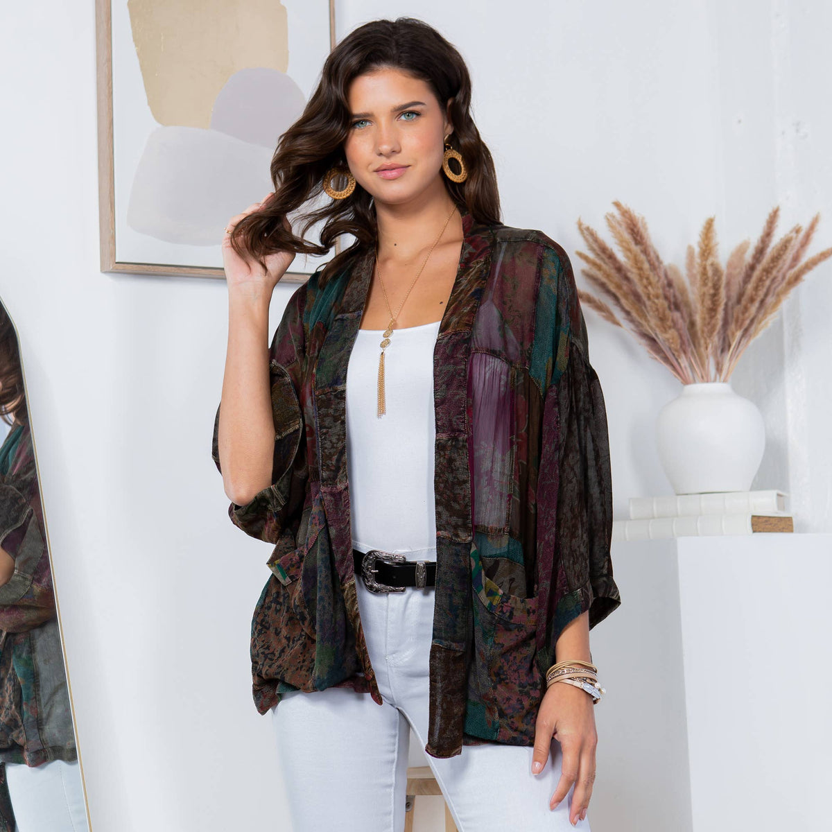 YOUNG THREADS - Western Kimono Top In Overdyed Mix N Match Patches