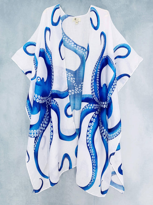JC Sunny Fashion - White-Blue Octopus Kimono