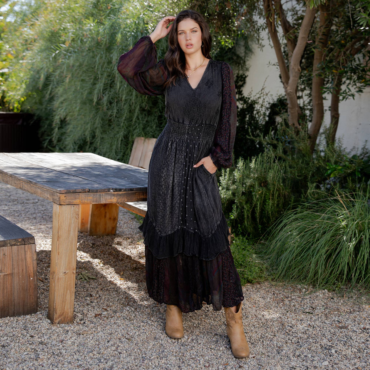 Young Threads - Boho Embroidered Ruffle Maxi Smocked Dress with Sheer Sleeve