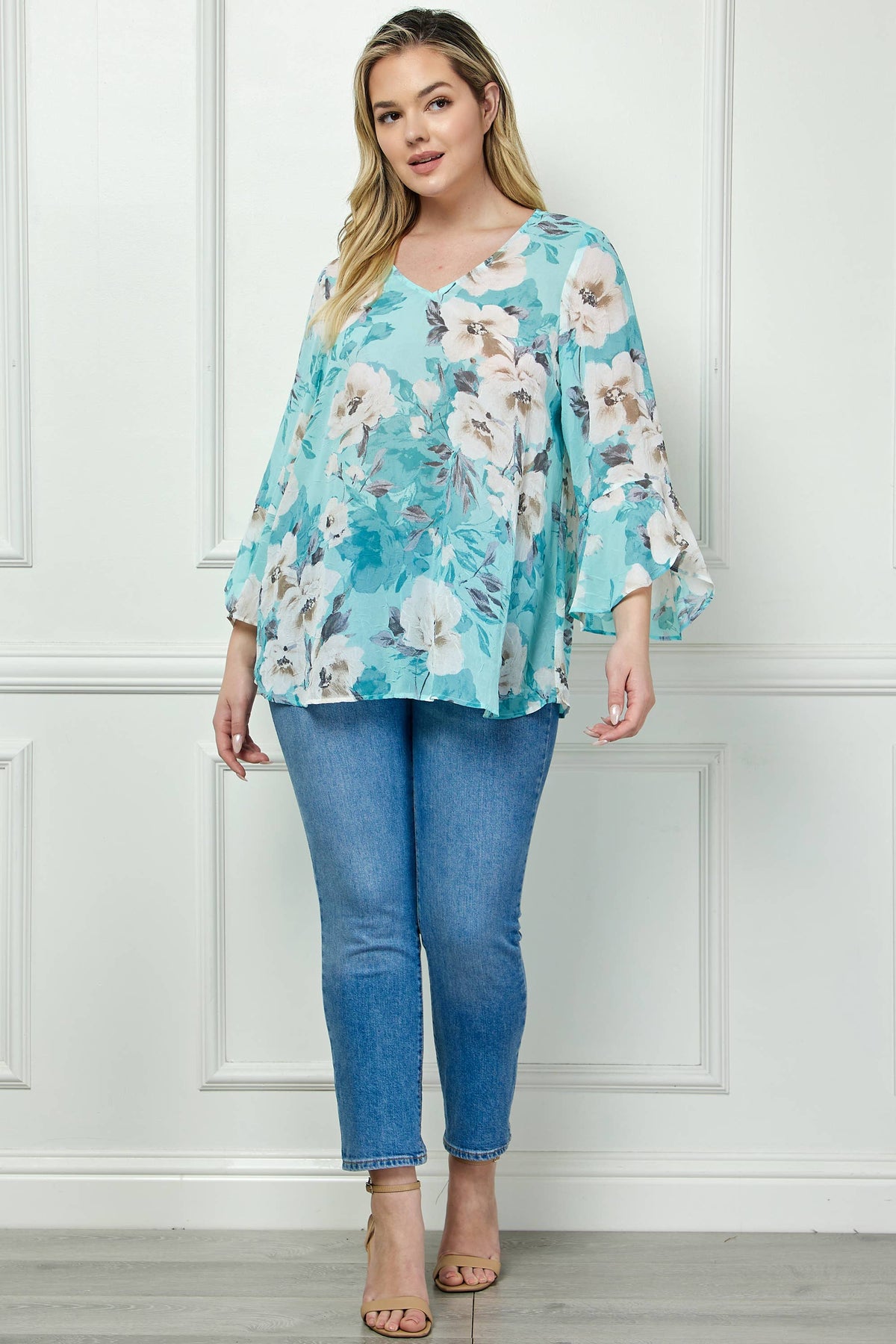 Winslow Collection - PLUS SIZE RUFFLE SLEEVE V-NECK SWING TOP