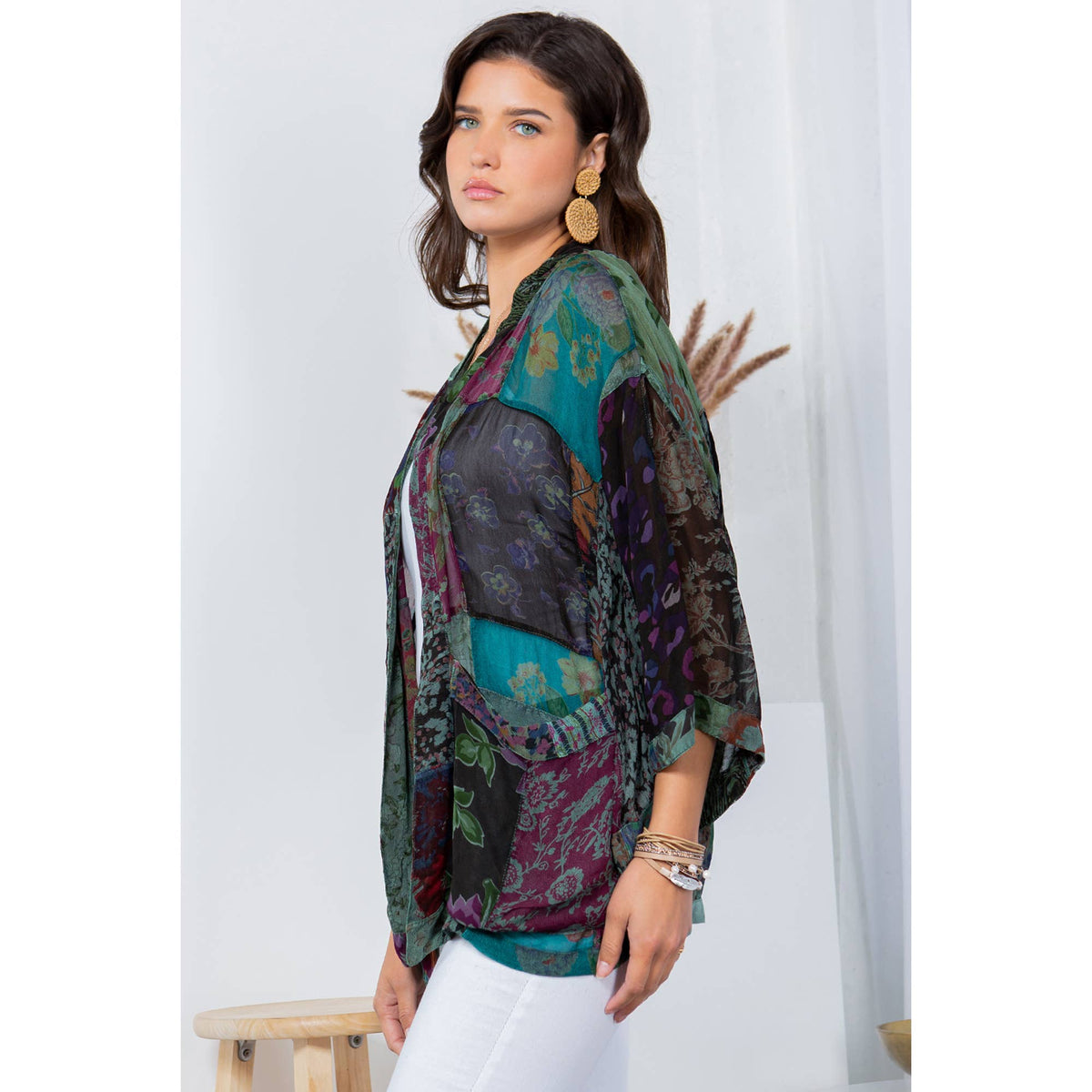YOUNG THREADS - Western Kimono Top In Overdyed Mix N Match Patches
