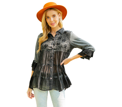 Young Threads - Women’s Mexican Embroidery Blouse - Gathered Waist Shirt