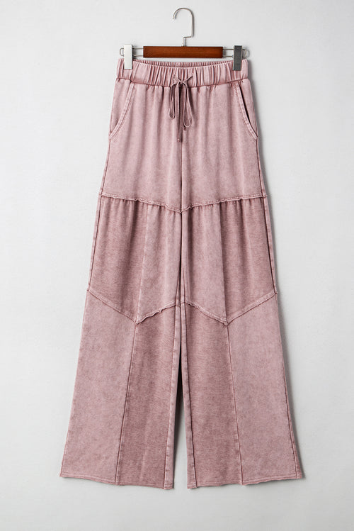 Mineral Wash Tiered Wide Leg Patchwork Drawstring Pants