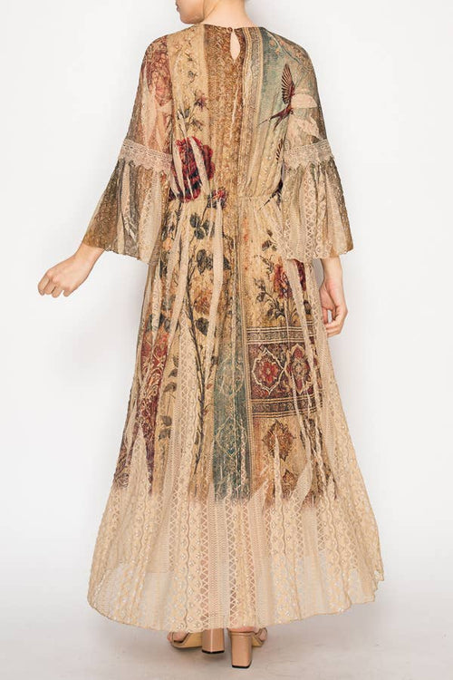 Origami Apparel ~ Lace and Crochet inspired - Romantic Lace Bell-Sleeved A-Line Midi Dress - 4658TP VINT BIRD