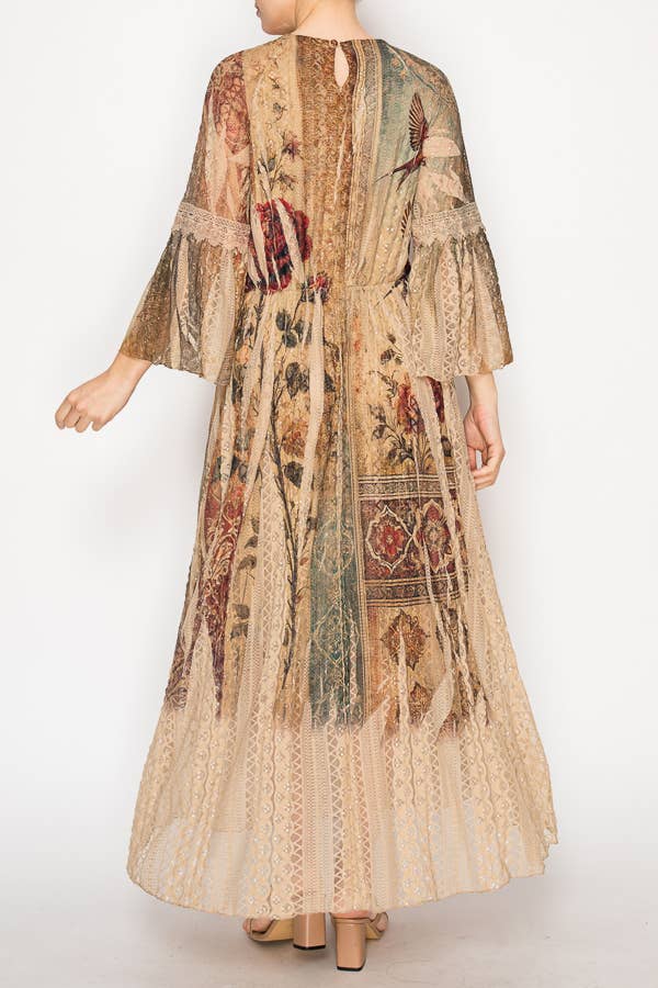 Origami Apparel ~ Lace and Crochet inspired - Romantic Lace Bell-Sleeved A-Line Midi Dress - 4658TP VINT BIRD