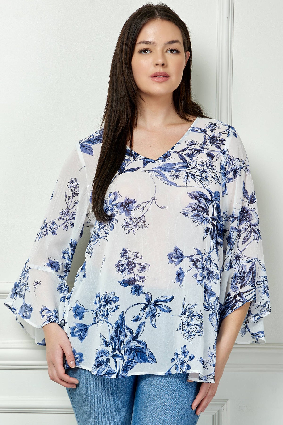 Winslow Collection - PLUS SIZE RUFFLE SLEEVE V-NECK SWING TOP