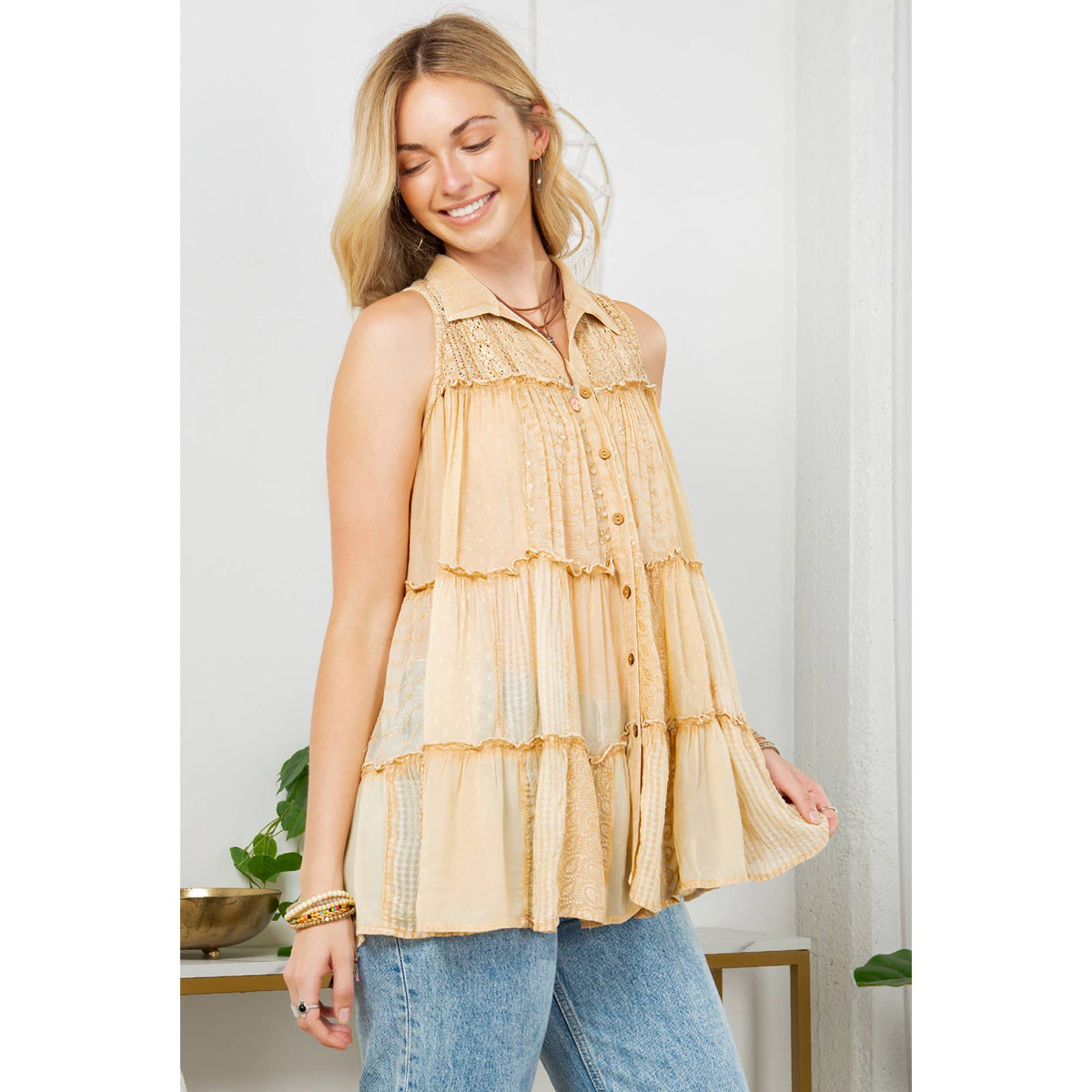 Young Threads - Sleeveless Jhabla Top Embroideried Stonewashed