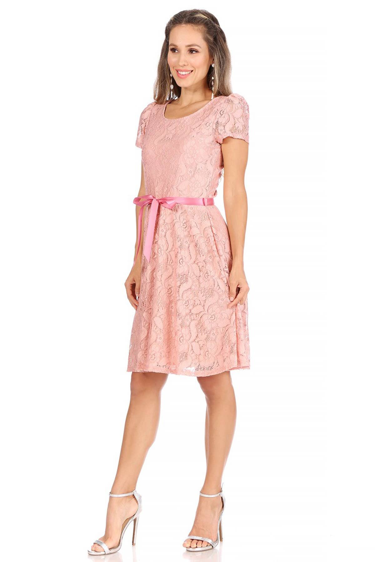 MOA COLLECTION - Women's Lace Short Sleeve A-Line Midi Dress