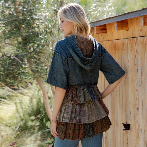 Young Threads - Front-Open Hooded Denim Shirt with Playful Mixed Ruffles