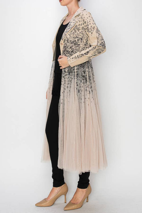 Origami Apparel ~ Lace and Crochet inspired - Chic Contrast Longline Blazer Jacket With Mesh Tulle Panel - 4773TP LEOROSE