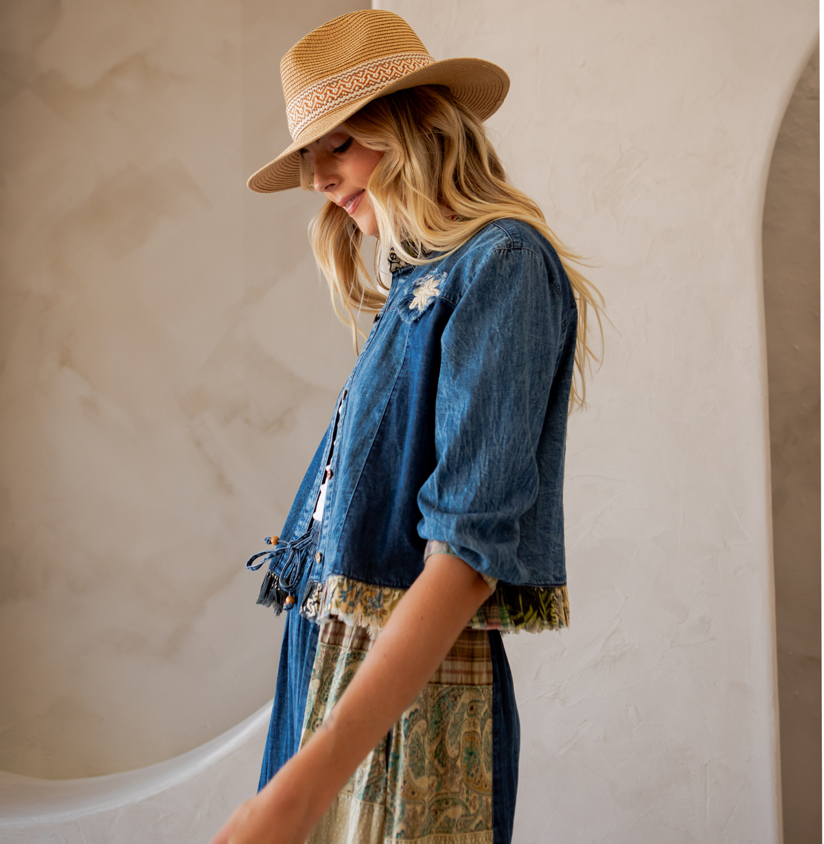 Young Threads - Western Boho Chic: Patchwork Cropped Denim Jacket