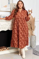 Cinnamon Plus Size Textured 3D Flower Pattern Ruffle Hem 3/4 Sleeve Long Dress