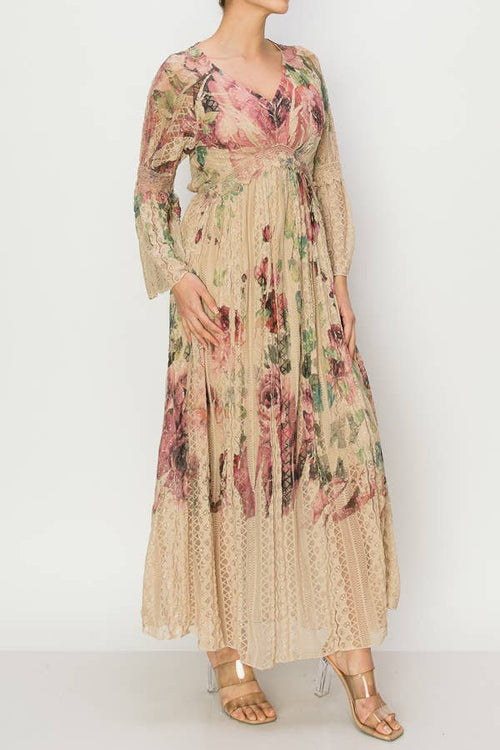 Origami Apparel ~ Lace and Crochet inspired - Romantic Lace Bell-Sleeved A-Line Midi Dress - 4658TP-BIG ROSE