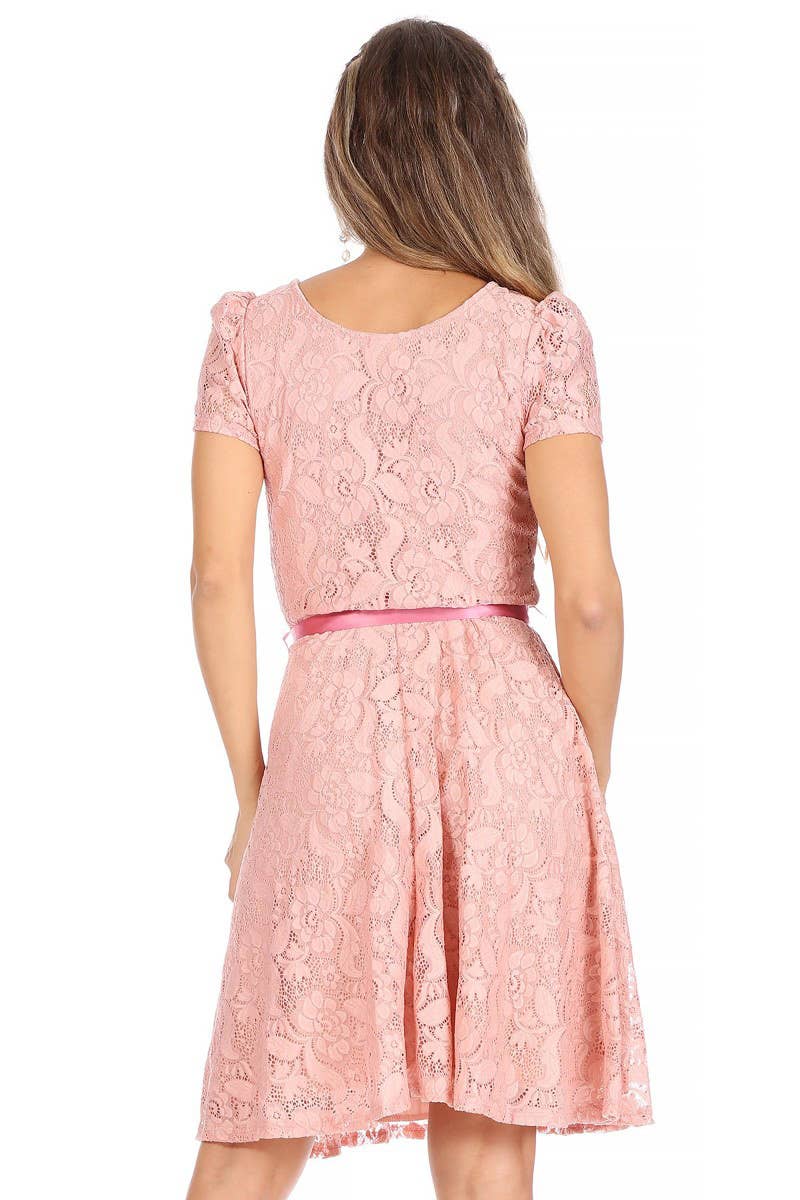 MOA COLLECTION - Women's Lace Short Sleeve A-Line Midi Dress