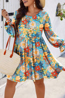 Blue Plus Size Floral Ruffled Long Sleeve Flowy Mini Dress