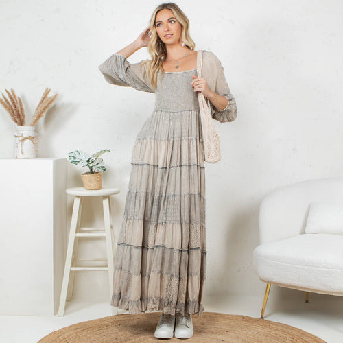 Young Threads - Rustic Bohemian: Smocked Patchwork Maxi Dress - New