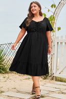 Blue Plus Size Short Sleeve Lace-up High Waist Midi Dress