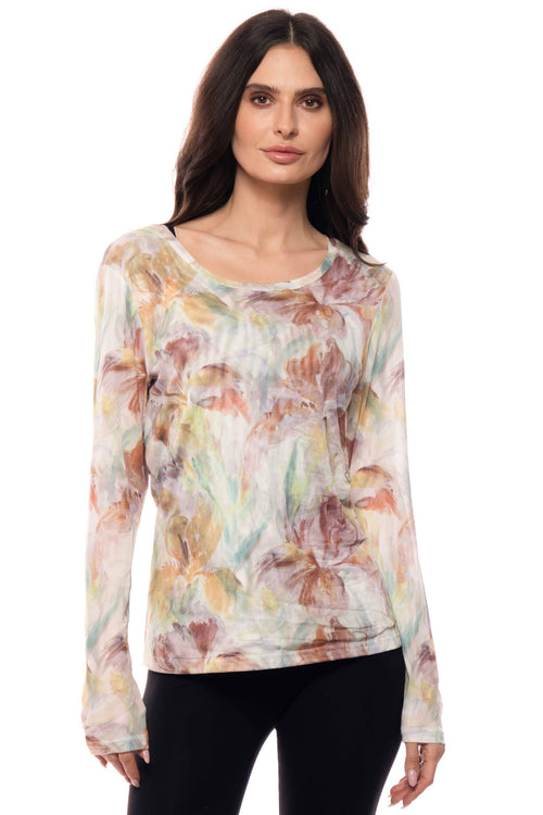 Adore - 90452-A3 Watercolor Floral Long Sleeve Mesh Top