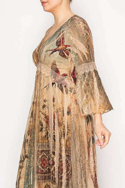 Origami Apparel ~ Lace and Crochet inspired - Romantic Lace Bell-Sleeved A-Line Midi Dress - 4658TP VINT BIRD