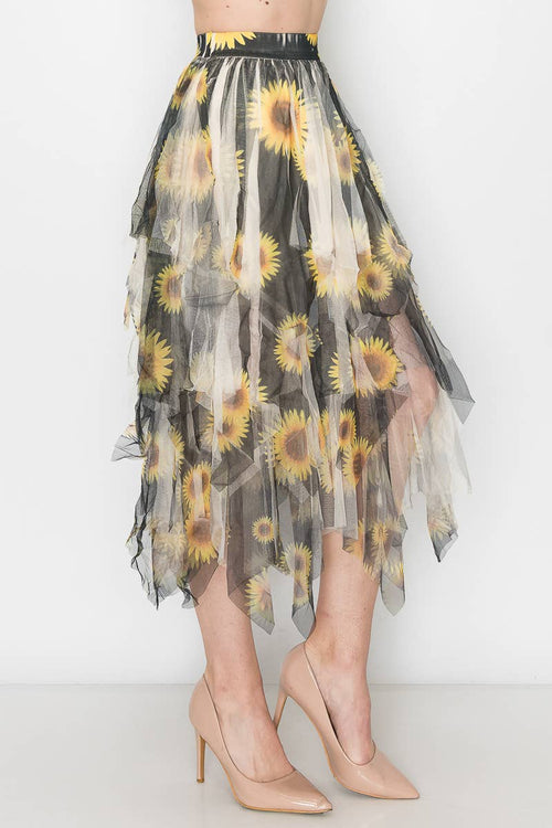 Origami Apparel ~ Lace and Crochet inspired - Dreamy Tiered Tulle Midi Skirt With Floaty Hem - 4546 BG/BK SUN FL