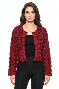 Adore Burgundy Cropped Lace Jacket with Rose Design