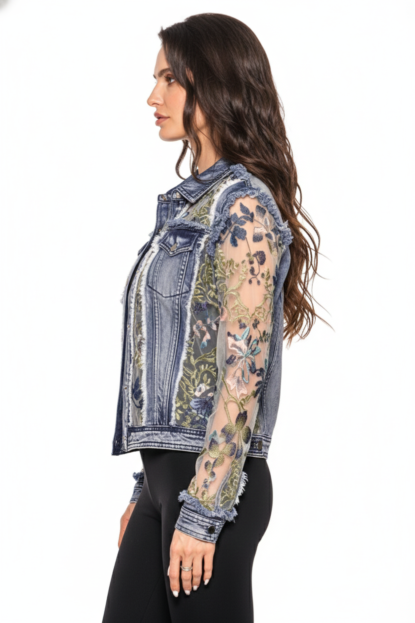 Adore Floral Denim and Lace Embroidered Jacket A7217-87 Blue