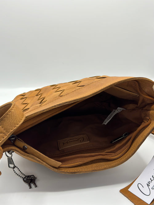 Concealed By Janko Anna Handbag – Tan Leather Basket Weave