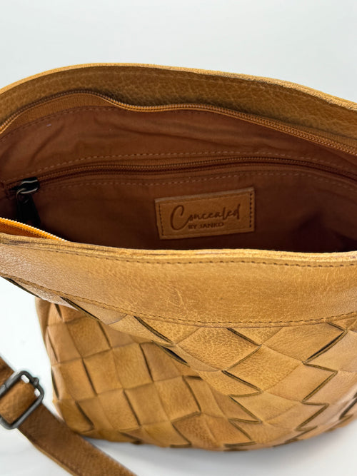 Concealed By Janko Anna Handbag – Tan Leather Basket Weave