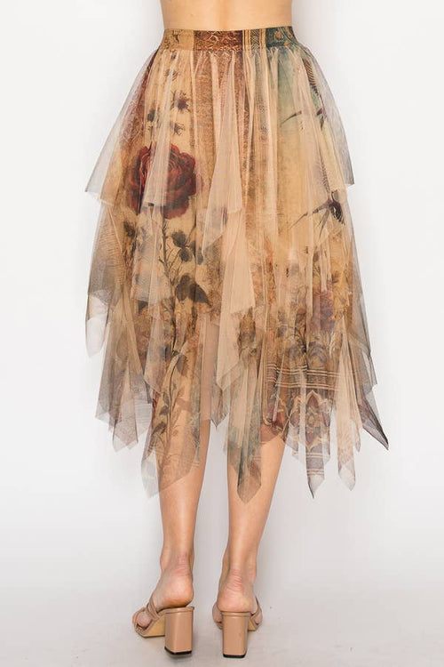 Origami Apparel ~ Lace and Crochet inspired - Dreamy Tiered Tulle Midi Skirt With Floaty Hem - 4546TP VINTAGE BIRD
