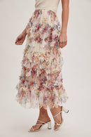 Bluivy - FLORAL RUFFLED MESH MIDI SKIRT