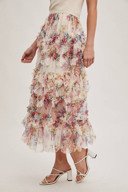 Bluivy - FLORAL RUFFLED MESH MIDI SKIRT