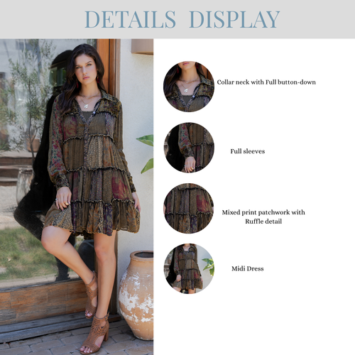 Young Threads - Artisan Embroidered Jhabla Shirt Dress in Mixed Motifs