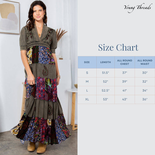 Young Threads - Eclectic Charm: Stone-Washed Rayon V-Neck Long Dress New