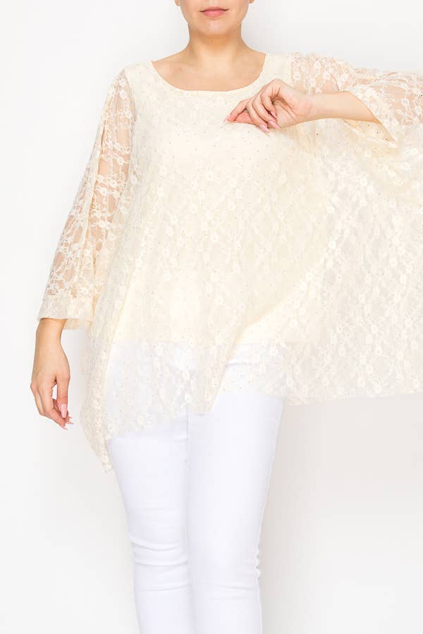 Origami Apparel ~ Lace and Crochet inspired - Subtly Glam Lace Overlay Top With Lining & Sparkles - 4853BEIGE