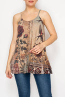 Origami Apparel ~ Lace and Crochet inspired - Adjustable Relaxed Cami Tank With Layered Ruffled Trim - T14TP VINT BIRD