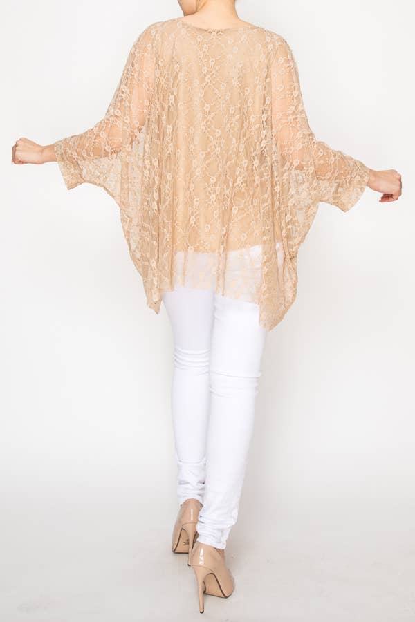 Origami Apparel ~ Lace and Crochet inspired - Subtly Glam Lace Overlay Top With Lining & Sparkles - 4853TAUPE