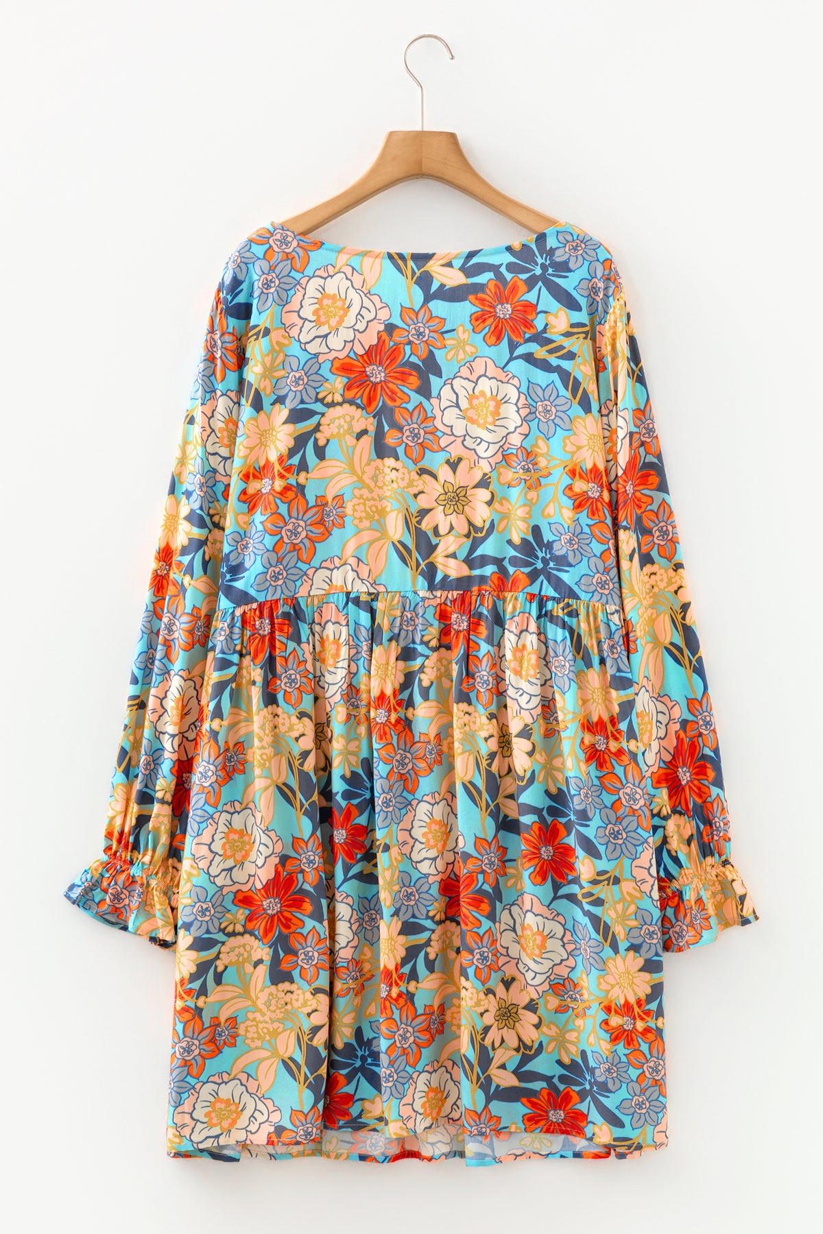 Blue Plus Size Floral Ruffled Long Sleeve Flowy Mini Dress
