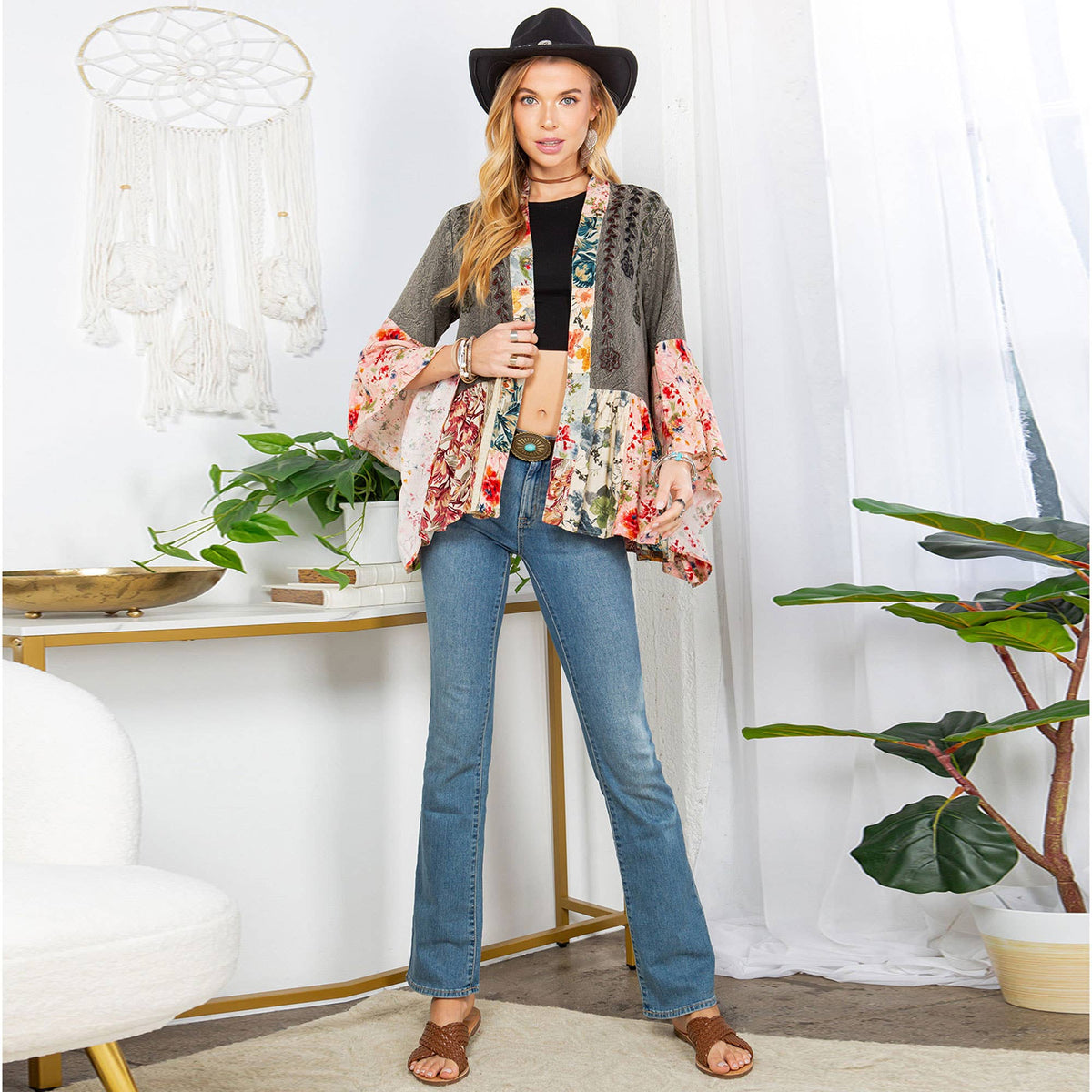 Young Threads - Printed Rayon Kimono Shrug with Embroidery (New Color)
