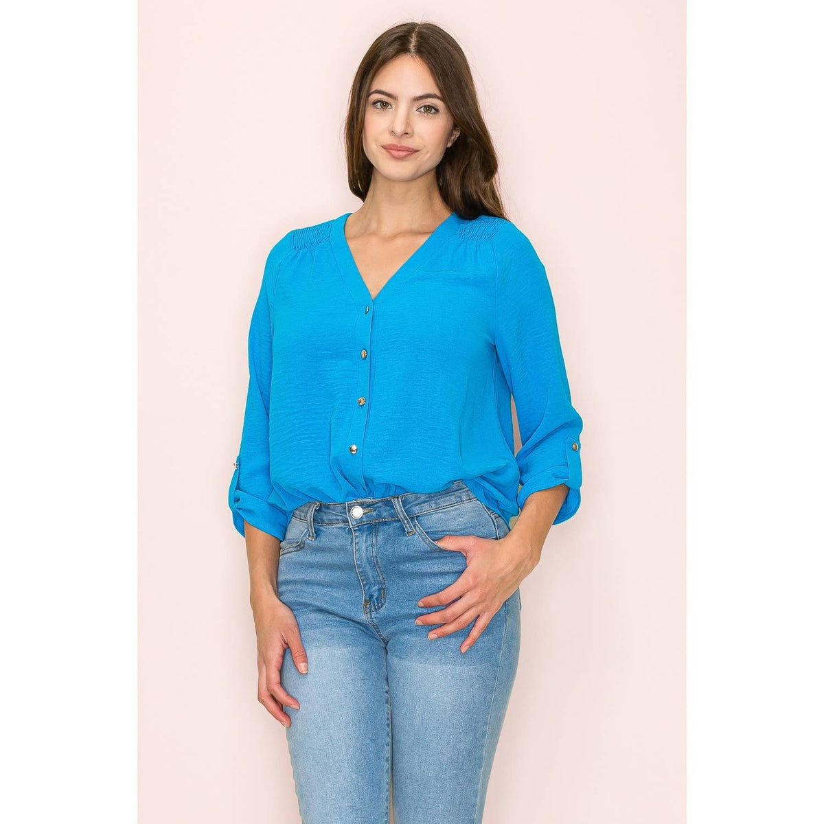 Perseption - VNECK AIR FLOW SMOCKING SHOULDER TIE FRONT SHIRT
