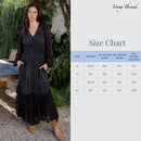 Young Threads - Boho Embroidered Ruffle Maxi Smocked Dress with Sheer Sleeve