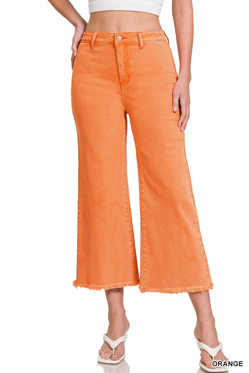 42POPS - ",,..Acid Washed Frayed Cutoff Hem Straight Wide Pants