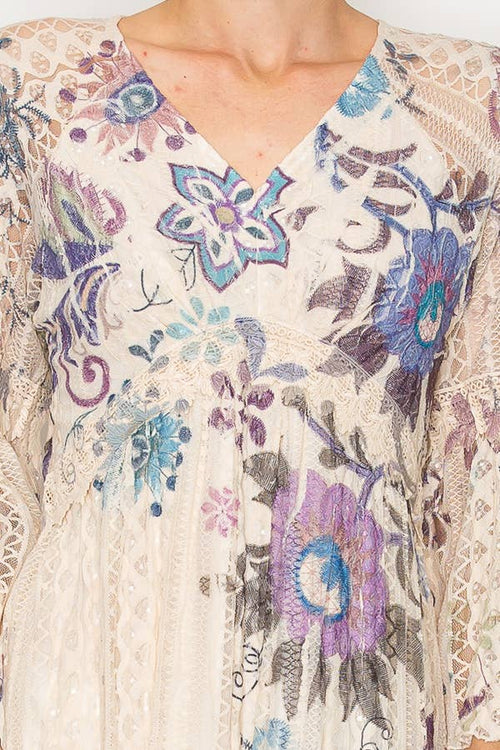 Origami Apparel ~ Lace and Crochet inspired - Dreamy Lined Short Lace Dress With Bell Sleeves - 4810BG EMBO FL