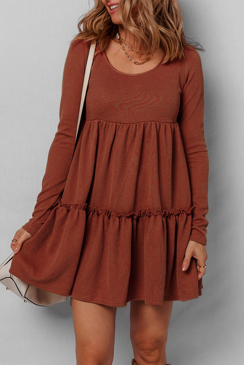 Straw Yellow Ribbed Frilled Trim High Waist Long Sleeve Mini Dress