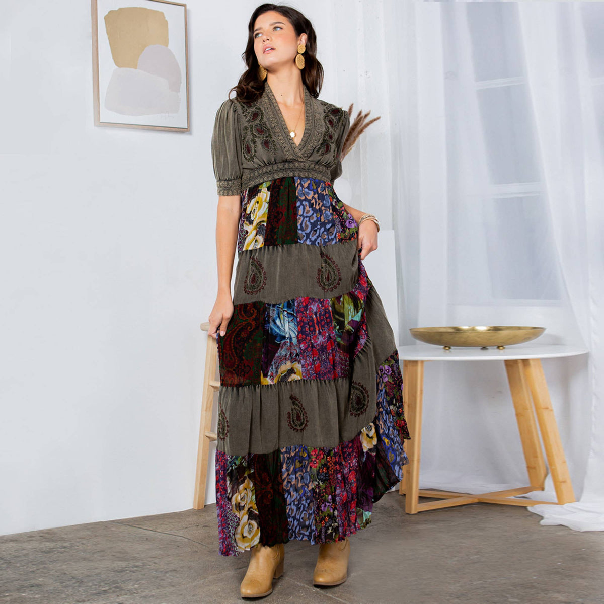Young Threads - Eclectic Charm: Stone-Washed Rayon V-Neck Long Dress New