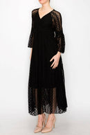 Origami Apparel ~ Lace and Crochet inspired - Romantic Lace Bell-Sleeved A-Line Midi Dress - 4658 BK