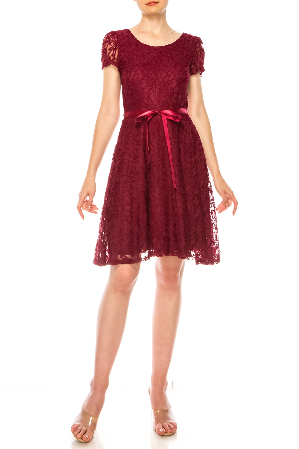 MOA COLLECTION - Women's Lace Short Sleeve A-Line Midi Dress