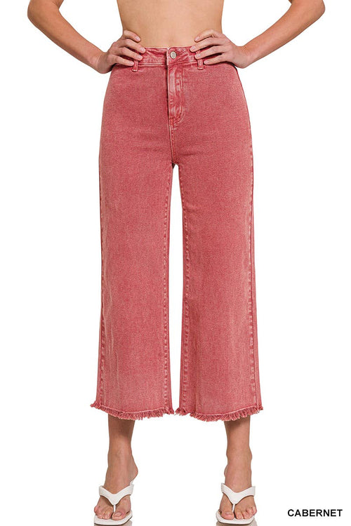 42POPS - ",,..Acid Washed Frayed Cutoff Hem Straight Wide Pants