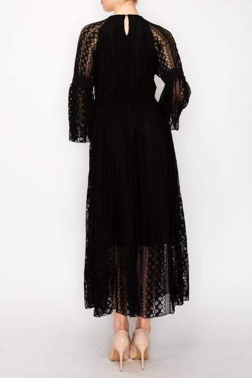 Origami Apparel ~  Lace and Crochet inspired - Romantic Lace Bell-Sleeved A-Line Midi Dress - 4658 BK